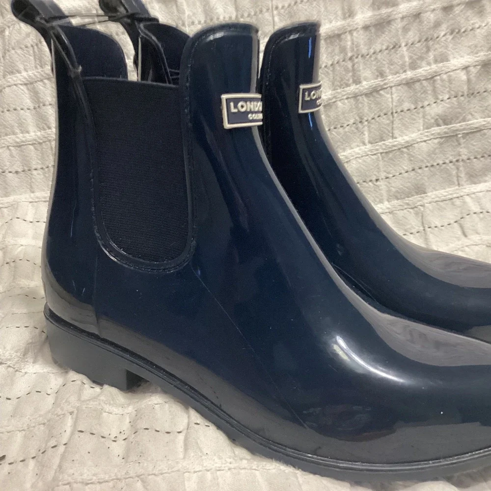 London Fog Navy Blue Glossy Chelsea Rain Boots Ankle Waterproof Womens 8